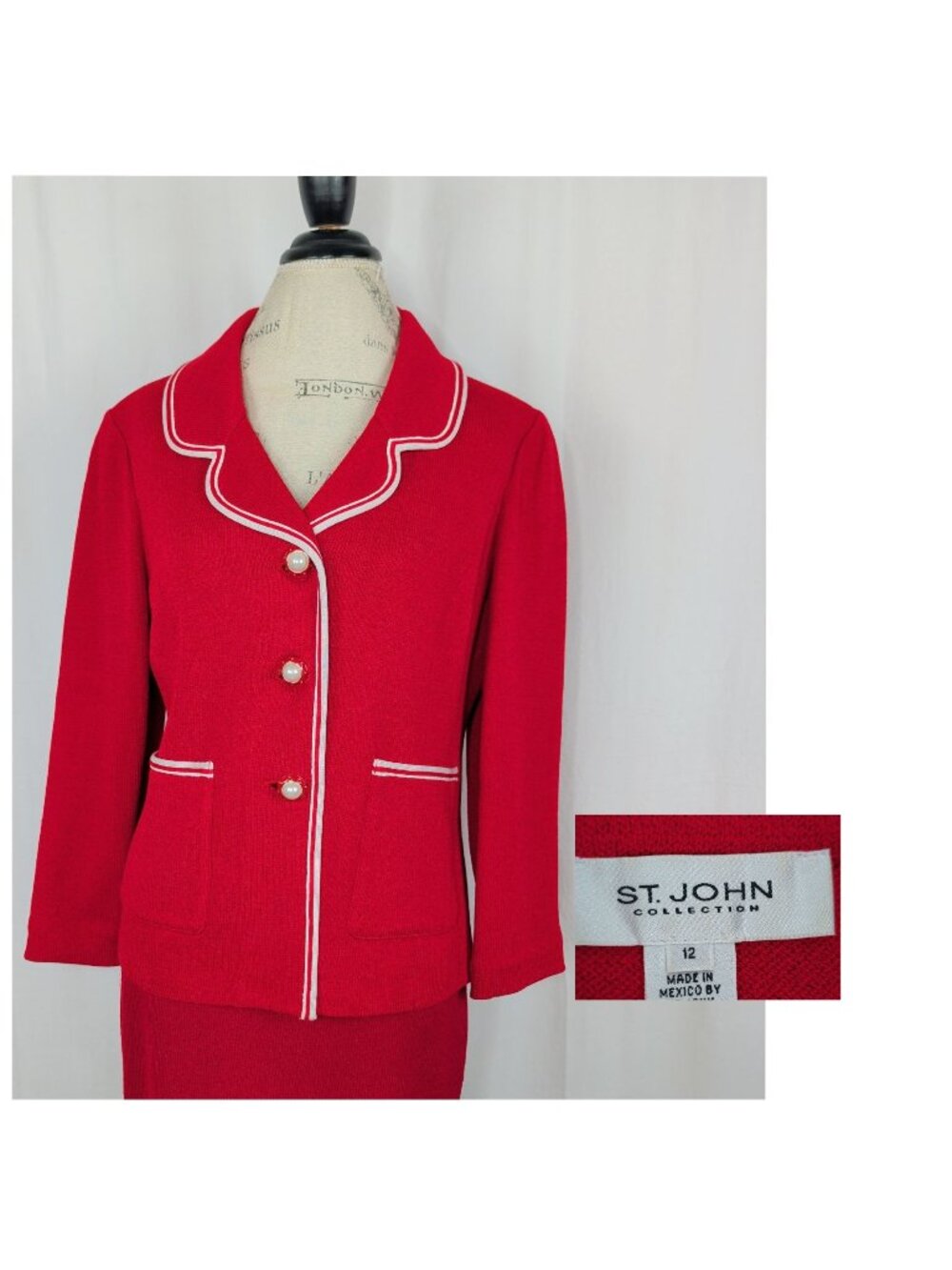 St John Red Knit Blazer 12 Large Faux Pearl